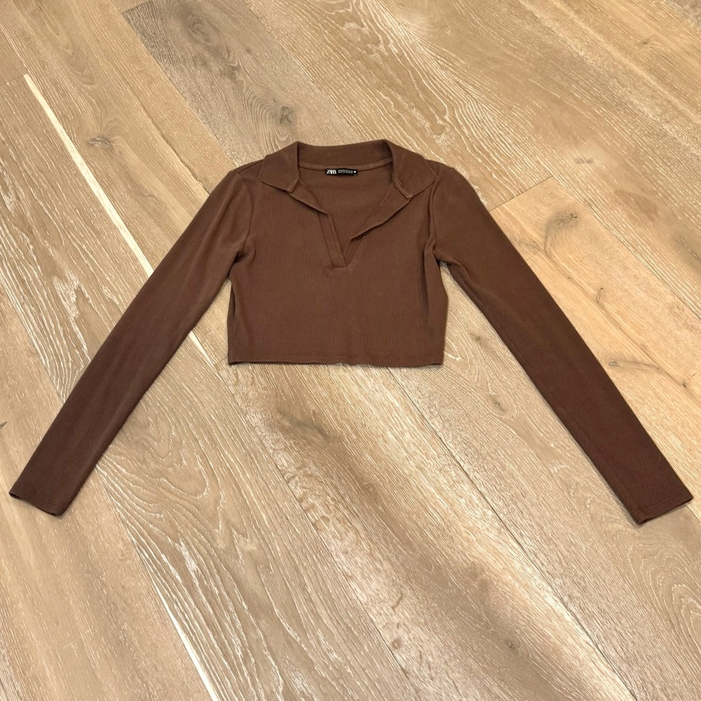Zara Long Sleeve Ribbed Collared Crop Top Brown Medium